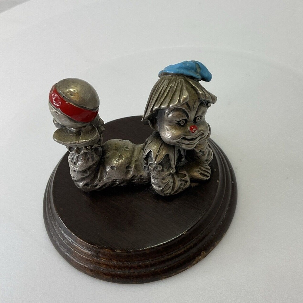 Vintage‎ George Good Pewter Clown Balancing Ball On Feet Figurine on Wood Base - Picture 5 of 6